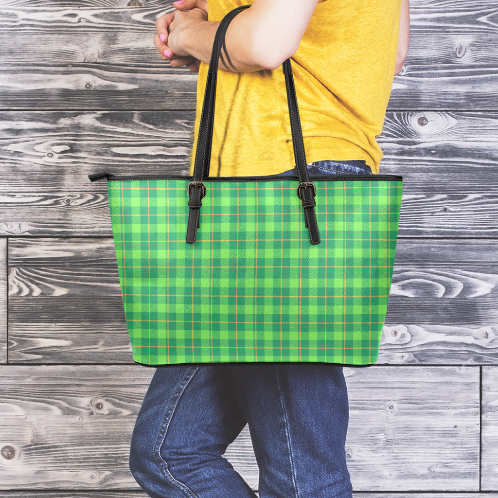Shamrock Tartan St. Patrick's Day Print Leather Tote Bag