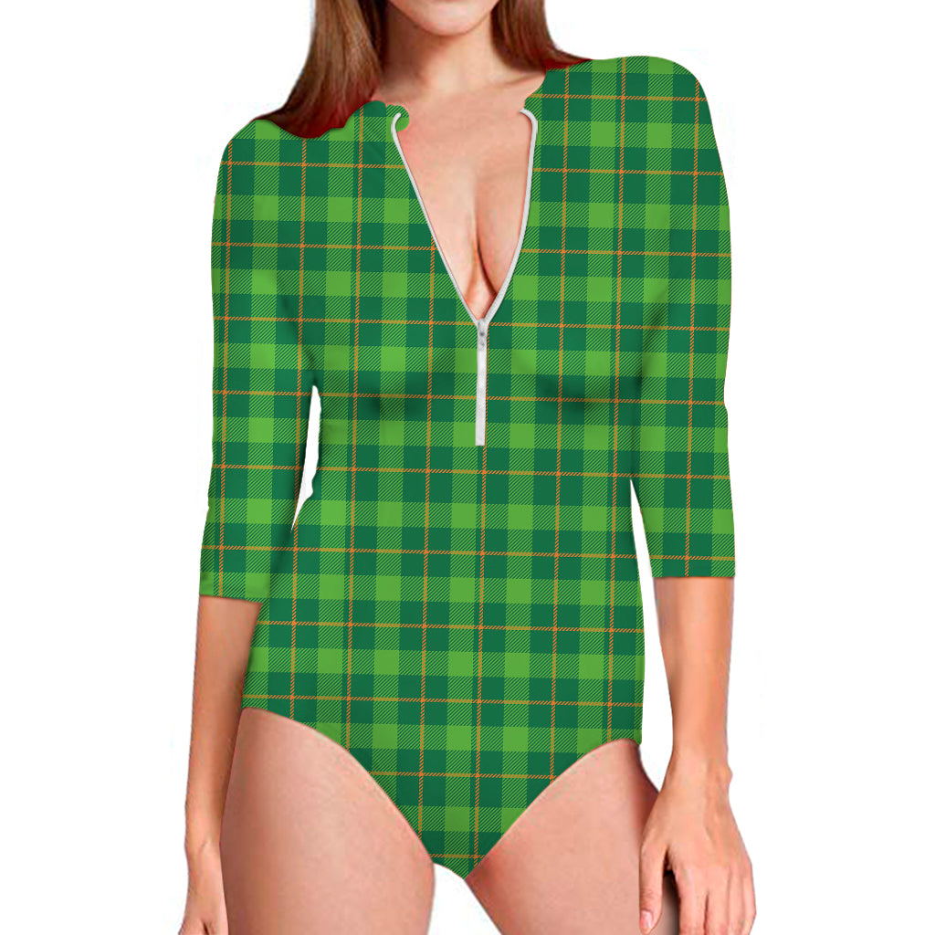 Shamrock Tartan St. Patrick's Day Print Long Sleeve Swimsuit