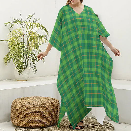 Shamrock Tartan St. Patrick's Day Print Silk V-Neck Kaftan Dress