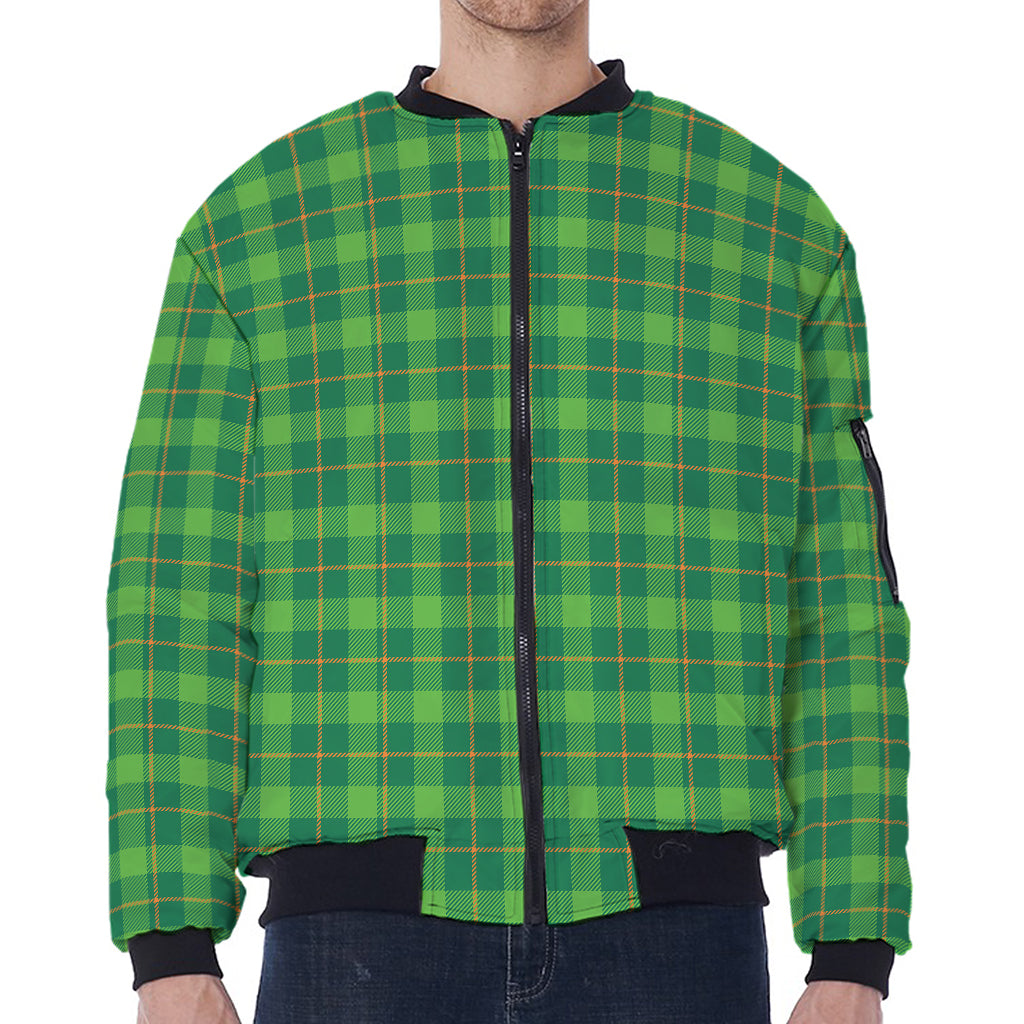 Shamrock Tartan St. Patrick's Day Print Zip Sleeve Bomber Jacket