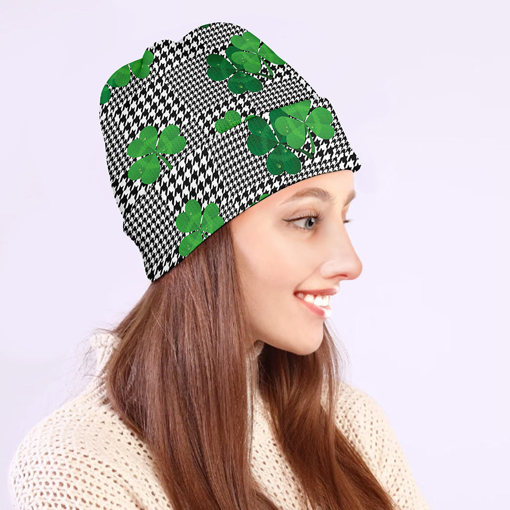 Shamrocks Houndstooth Pattern Print Beanie