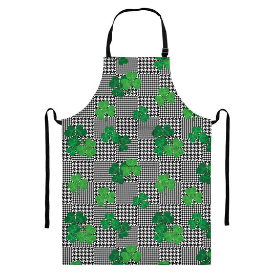Shamrocks Houndstooth Pattern Print Bib Apron With Pocket