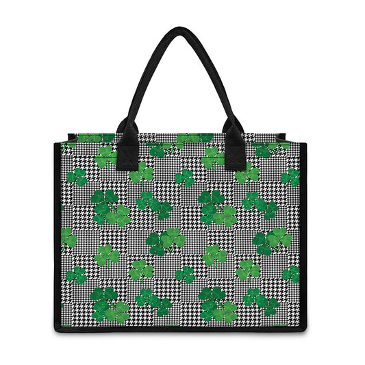 Shamrocks Houndstooth Pattern Print Canvas Tote Bag