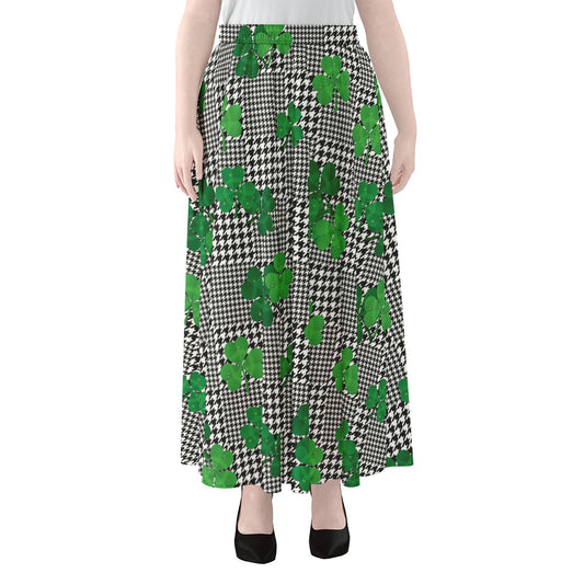 Shamrocks Houndstooth Pattern Print Chiffon Maxi Skirt