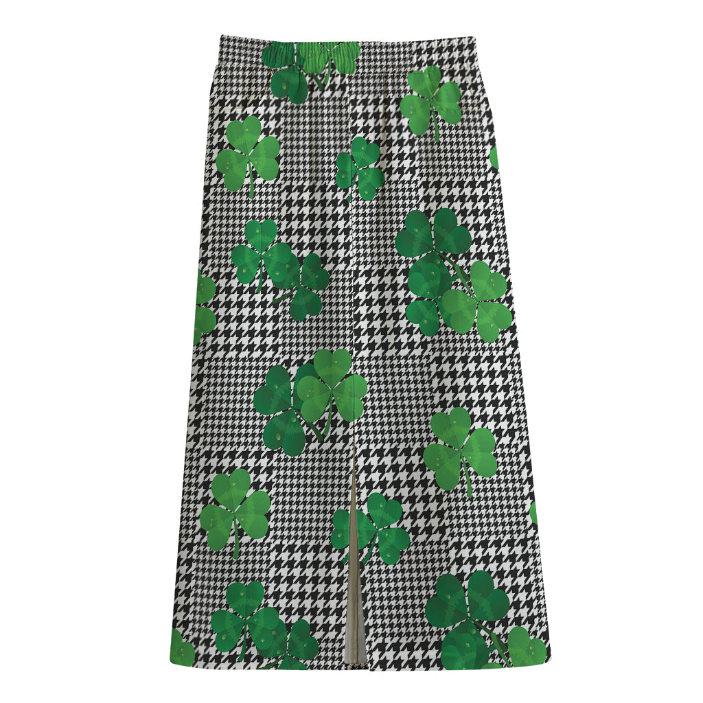 Shamrocks Houndstooth Pattern Print Cotton Front Slit Maxi Skirt