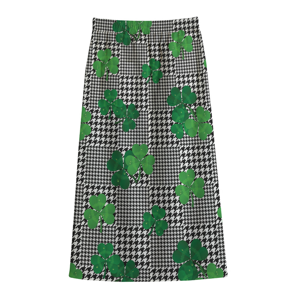 Shamrocks Houndstooth Pattern Print Cotton Front Slit Maxi Skirt
