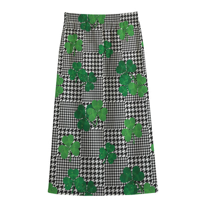 Shamrocks Houndstooth Pattern Print Cotton Front Slit Maxi Skirt