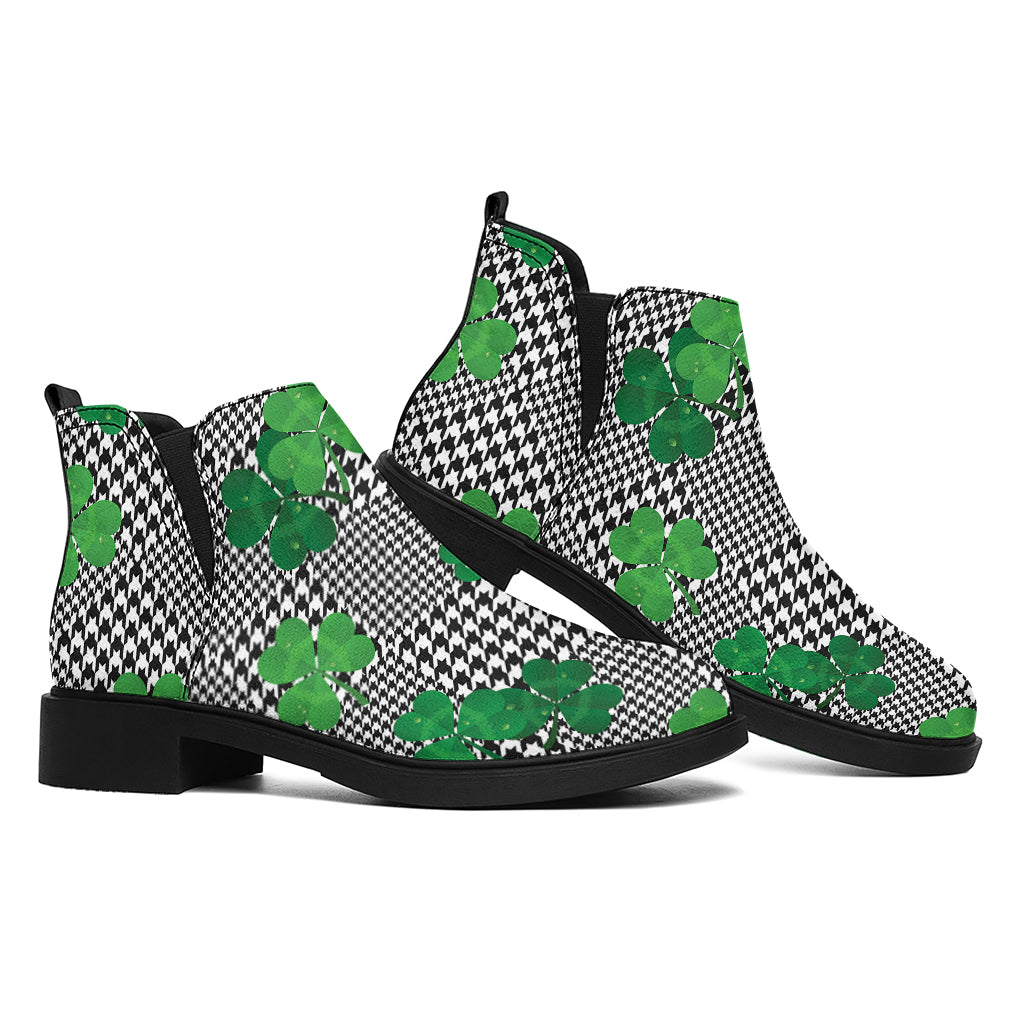 Shamrocks Houndstooth Pattern Print Flat Ankle Boots