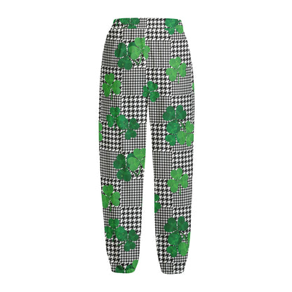 Shamrocks Houndstooth Pattern Print Fleece Lined Knit Pants