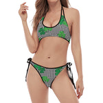 Shamrocks Houndstooth Pattern Print Halter Scoop Tie Side Bikini
