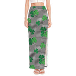 Shamrocks Houndstooth Pattern Print High Slit Maxi Skirt