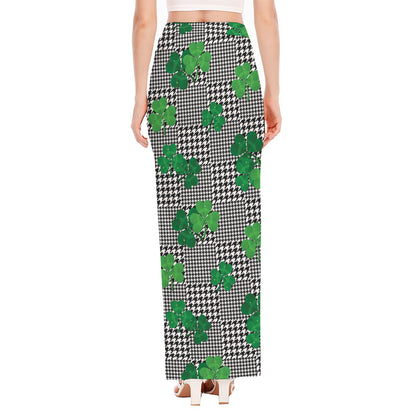 Shamrocks Houndstooth Pattern Print High Slit Maxi Skirt