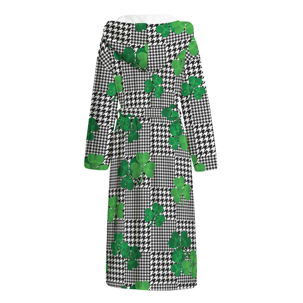Shamrocks Houndstooth Pattern Print Hooded Bathrobe