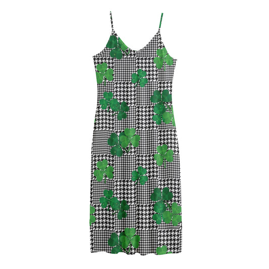 Shamrocks Houndstooth Pattern Print Jersey Midi Cami Dress