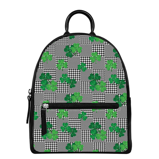 Shamrocks Houndstooth Pattern Print Leather Backpack