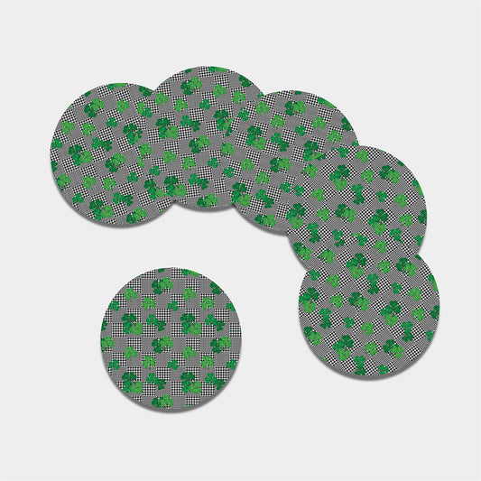 Shamrocks Houndstooth Pattern Print Leather Coaster Set