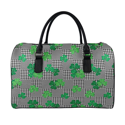 Shamrocks Houndstooth Pattern Print Leather Duffle Bag