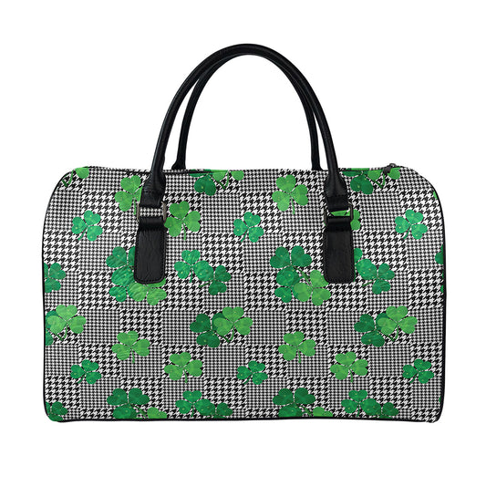 Shamrocks Houndstooth Pattern Print Leather Duffle Bag
