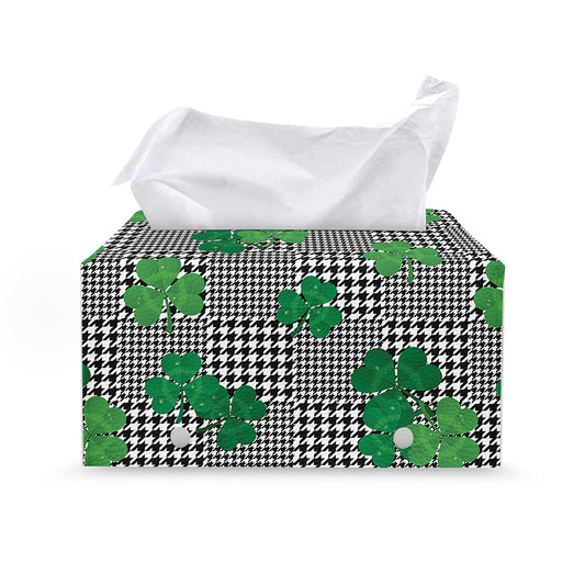Shamrocks Houndstooth Pattern Print Leather Tissue Box Cover