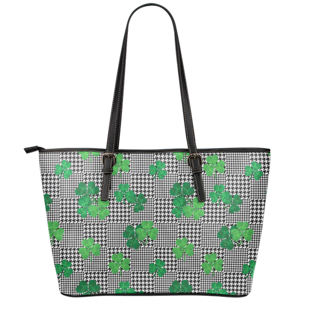 Shamrocks Houndstooth Pattern Print Leather Tote Bag