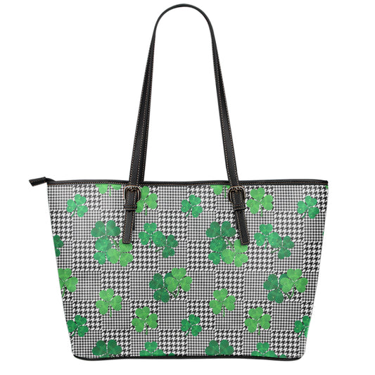 Shamrocks Houndstooth Pattern Print Leather Tote Bag