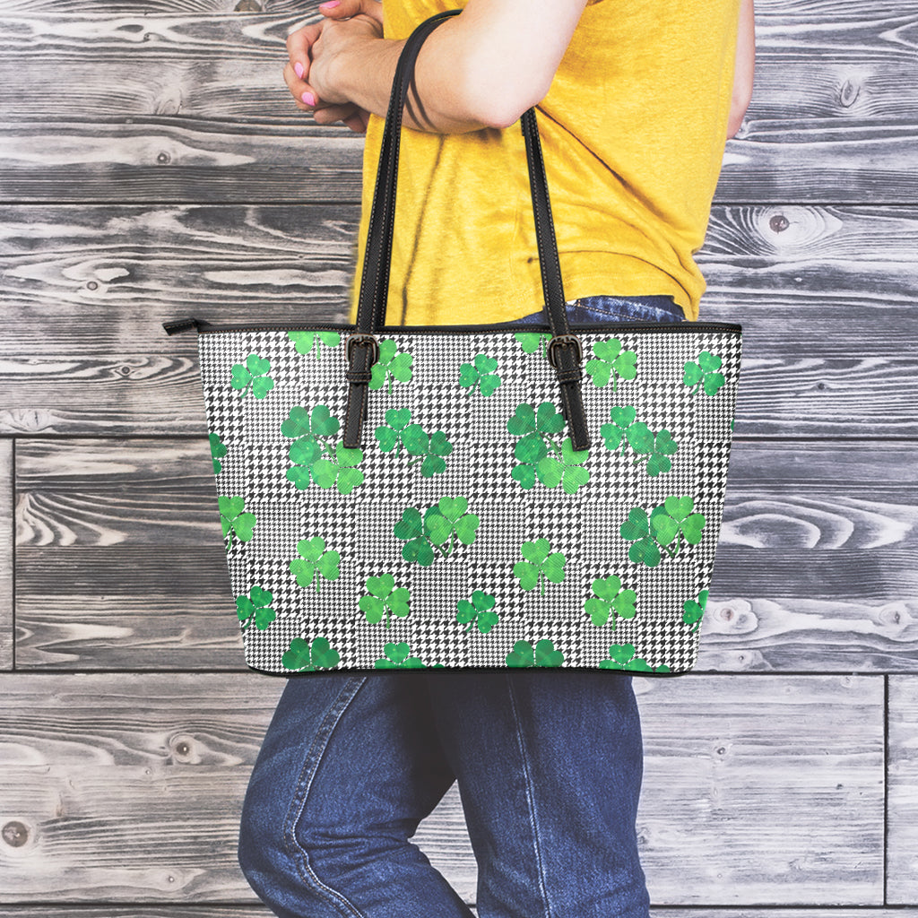 Shamrocks Houndstooth Pattern Print Leather Tote Bag