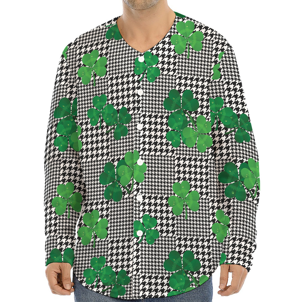 Shamrocks Houndstooth Pattern Print Long Sleeve Baseball Jersey