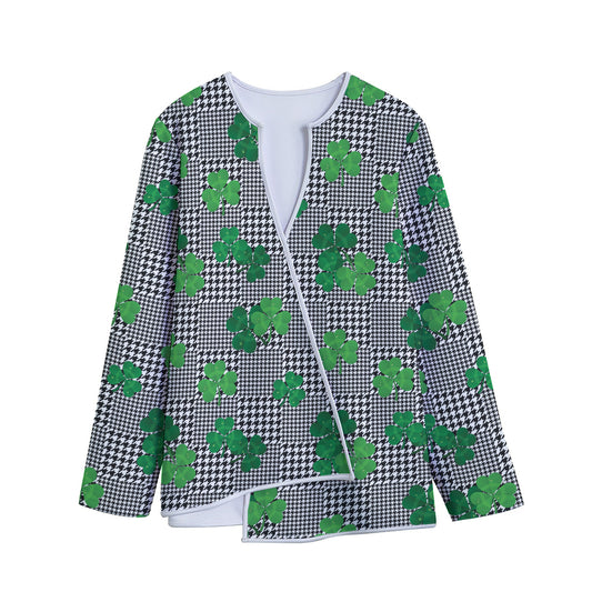 Shamrocks Houndstooth Pattern Print Long Sleeve Short Coat