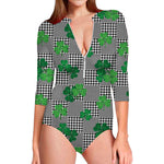 Shamrocks Houndstooth Pattern Print Long Sleeve Swimsuit
