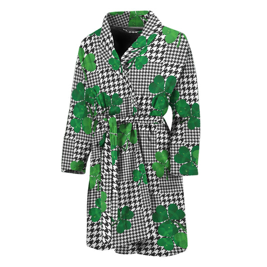Shamrocks Houndstooth Pattern Print Men's Bathrobe