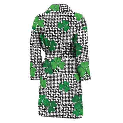 Shamrocks Houndstooth Pattern Print Men's Bathrobe