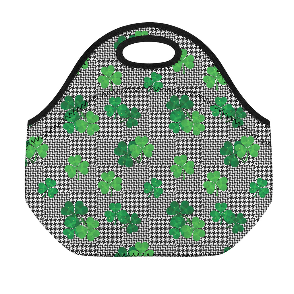Shamrocks Houndstooth Pattern Print Neoprene Lunch Bag