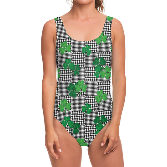 Shamrocks Houndstooth Pattern Print One Piece Swimsuit