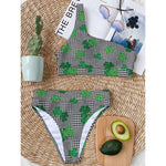 Shamrocks Houndstooth Pattern Print One Shoulder Bikini Top