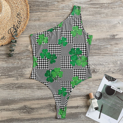 Shamrocks Houndstooth Pattern Print One Shoulder Bodysuit
