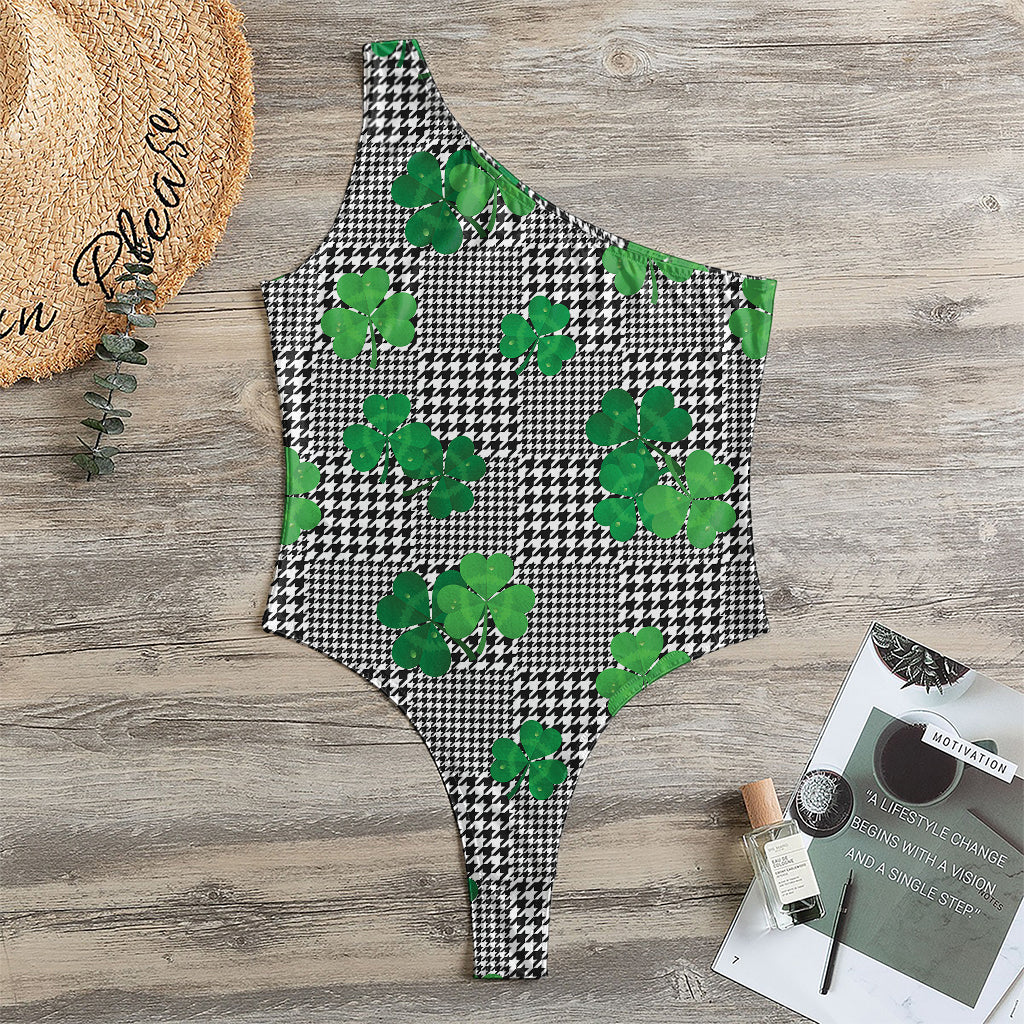 Shamrocks Houndstooth Pattern Print One Shoulder Bodysuit