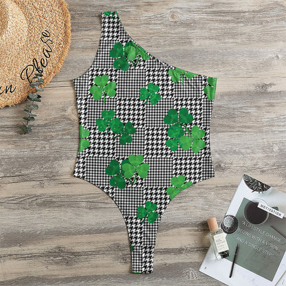 Shamrocks Houndstooth Pattern Print One Shoulder Bodysuit