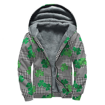 Shamrocks Houndstooth Pattern Print Sherpa Lined Zip Up Hoodie