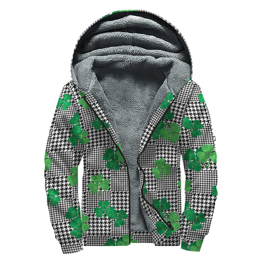 Shamrocks Houndstooth Pattern Print Sherpa Lined Zip Up Hoodie