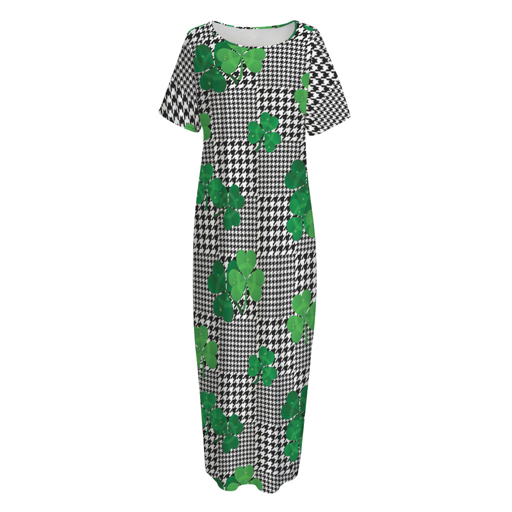 Shamrocks Houndstooth Pattern Print Short Sleeve Long Nightdress