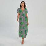 Shamrocks Houndstooth Pattern Print Short Sleeve Maxi Dress
