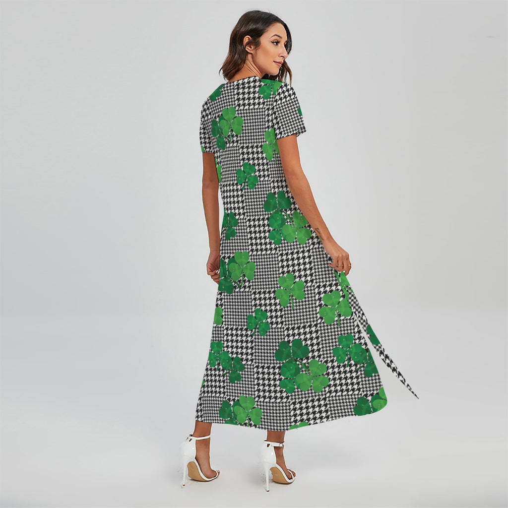 Shamrocks Houndstooth Pattern Print Short Sleeve Maxi Dress