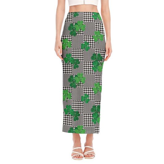 Shamrocks Houndstooth Pattern Print Side Slit Maxi Skirt