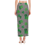 Shamrocks Houndstooth Pattern Print Side Slit Maxi Skirt
