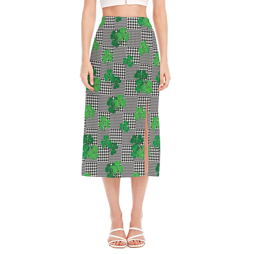 Shamrocks Houndstooth Pattern Print Side Slit Midi Skirt