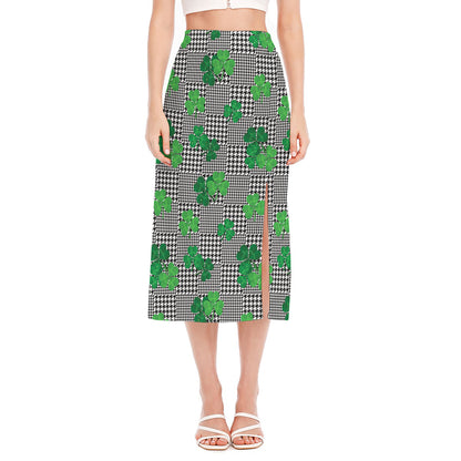 Shamrocks Houndstooth Pattern Print Side Slit Midi Skirt