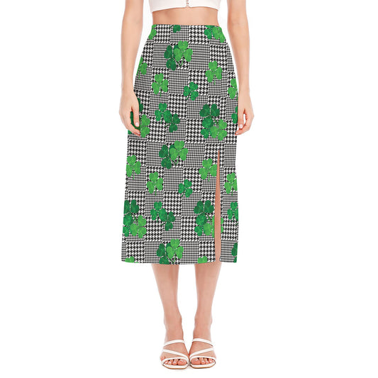 Shamrocks Houndstooth Pattern Print Side Slit Midi Skirt