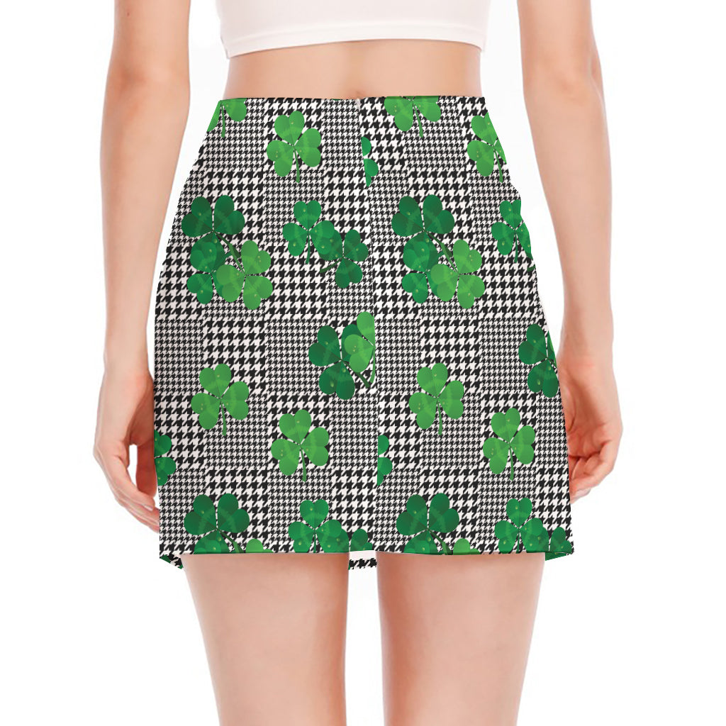 Shamrocks Houndstooth Pattern Print Side Slit Mini Skirt
