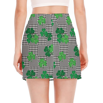 Shamrocks Houndstooth Pattern Print Side Slit Mini Skirt
