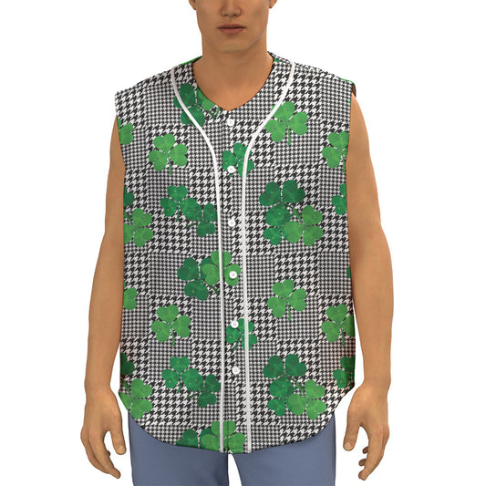 Shamrocks Houndstooth Pattern Print Sleeveless Baseball Jersey